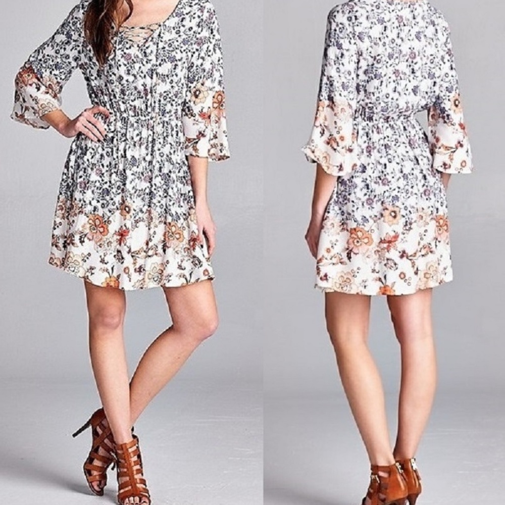 Bohemian Floral Print Lace-up V-neck Peasant Dress